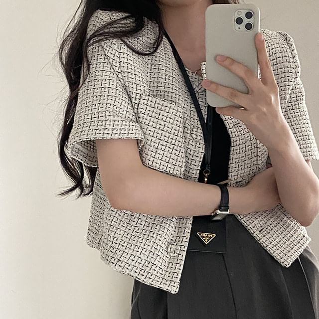 Elbow-Sleeve Crew Neck Button-Up Tweed Crop Jacket