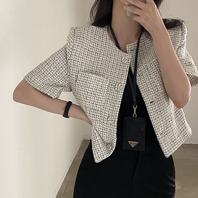 Elbow-Sleeve Crew Neck Button-Up Tweed Crop Jacket