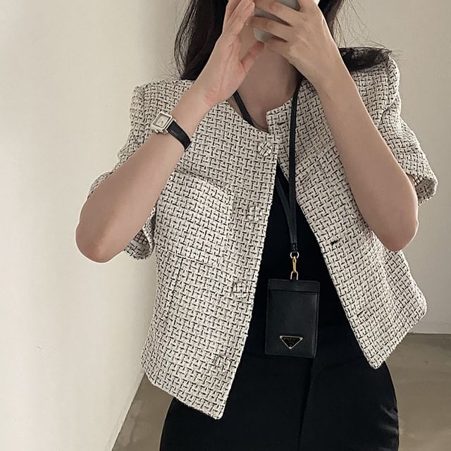 Elbow-Sleeve Crew Neck Button-Up Tweed Crop Jacket