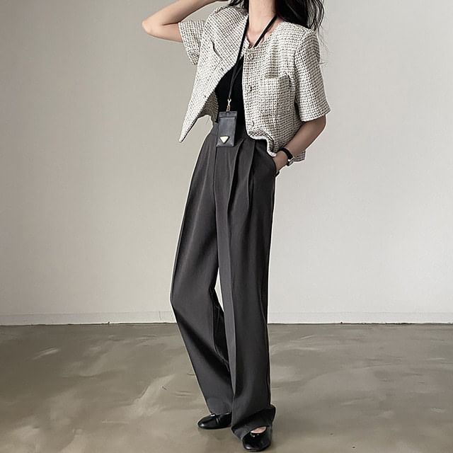 Elbow-Sleeve Crew Neck Button-Up Tweed Crop Jacket