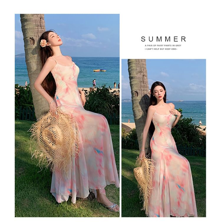 Scoop Neck Tie Dye Spaghetti Strap Mermaid Maxi Dress