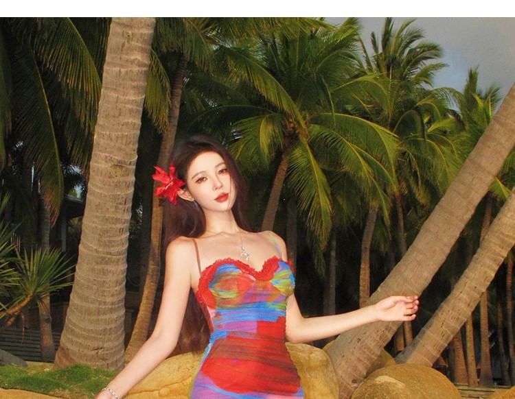 Sweetheart Neckline Tie Dye Lace Trim Ruched Mesh Bodycon Maxi Dress