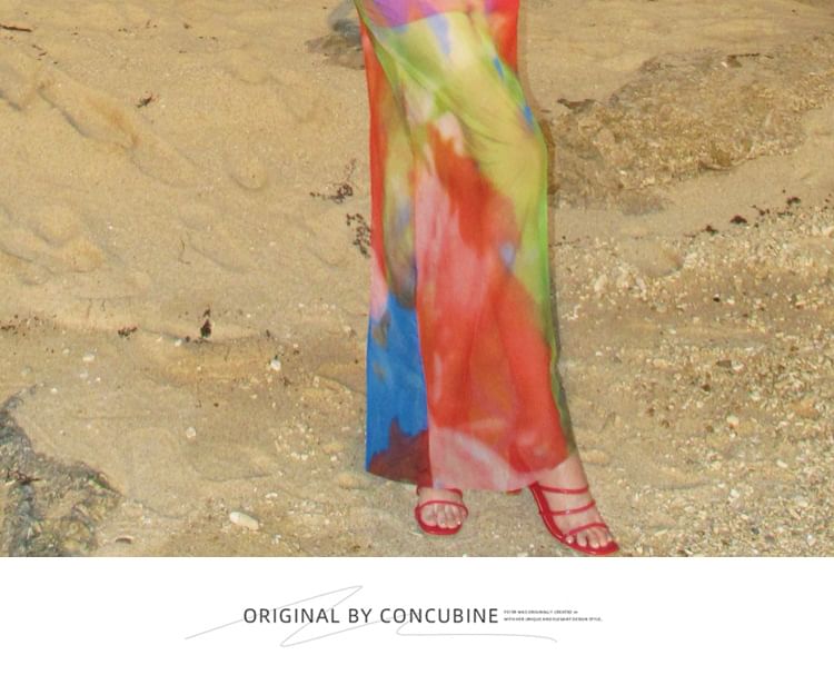 Sweetheart Neckline Tie Dye Lace Trim Ruched Mesh Bodycon Maxi Dress