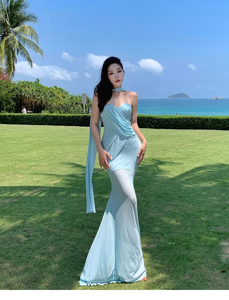 Strapless Sweetheart Ruched Mesh Mermaid Maxi Dress with Scarf Set