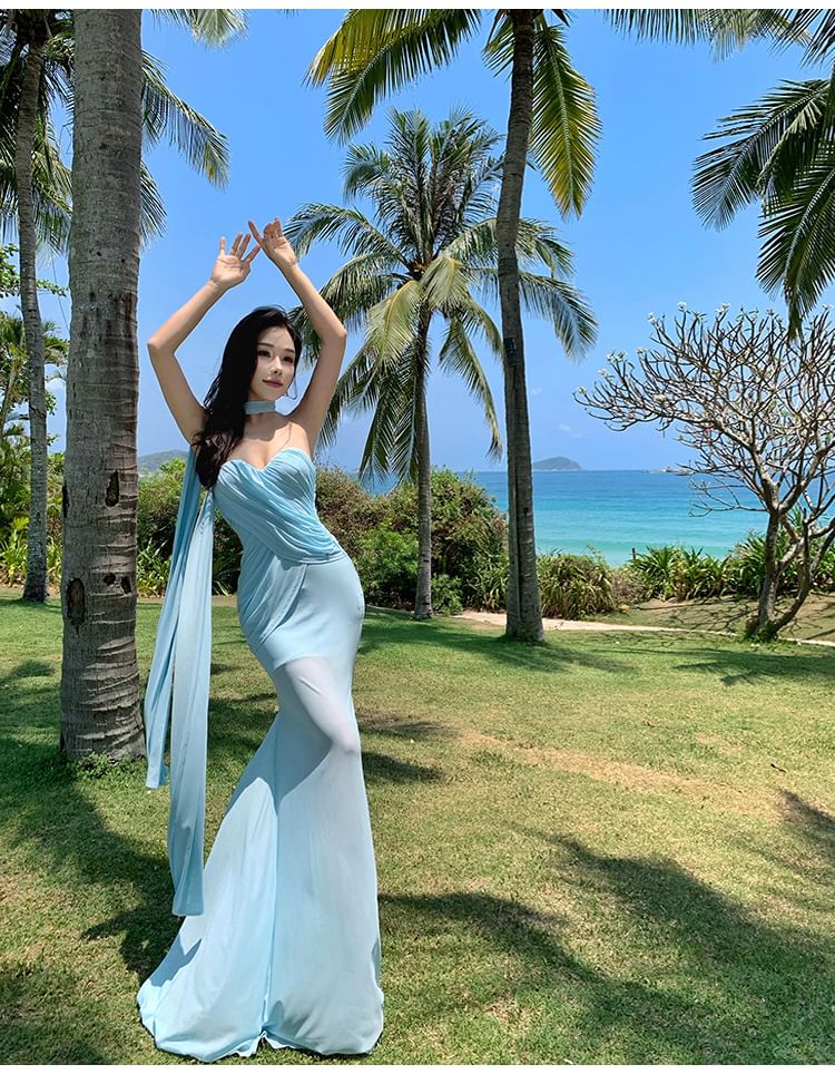 Strapless Sweetheart Ruched Mesh Mermaid Maxi Dress with Scarf Set