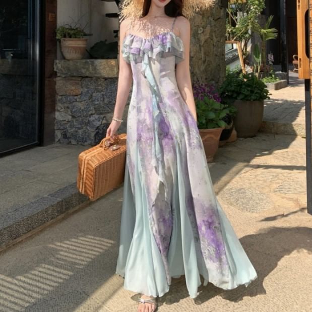 V-Neck Tie Dye Ruffle Trim Spaghetti Strap A-Line Maxi Dress
