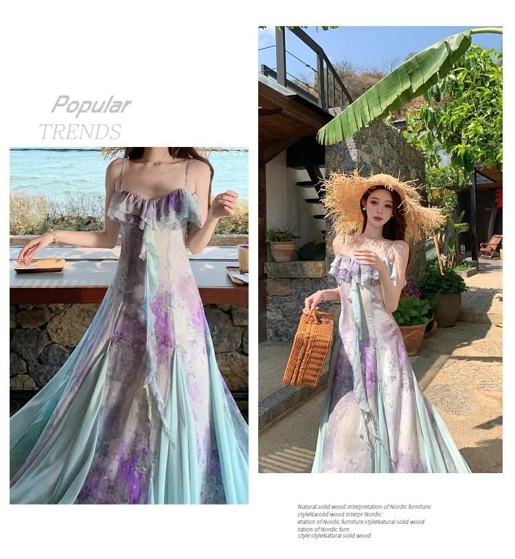 V-Neck Tie Dye Ruffle Trim Spaghetti Strap A-Line Maxi Dress