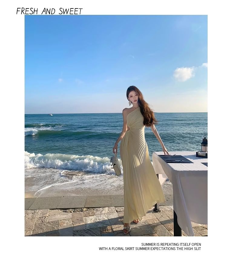 One-Shoulder Sleeveless Pleated Satin Cutout A-Line Maxi Dress