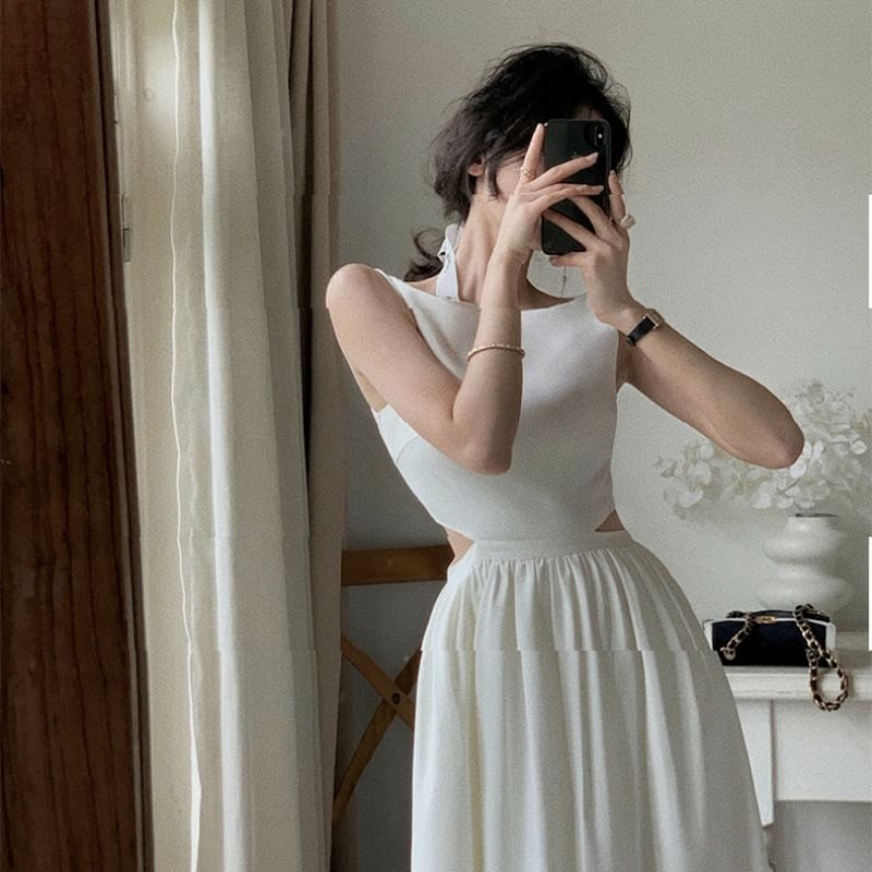 Cutout Gathered Boat Neck Sleeveless Maxi A-Line Dress