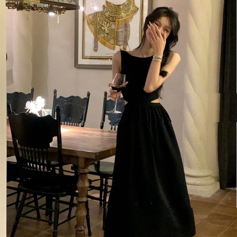 Cutout Gathered Boat Neck Sleeveless Maxi A-Line Dress