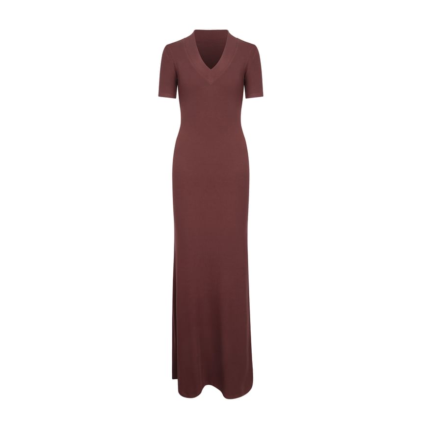 V-Neck Elbow-Sleeve Ribbed Plain Sheath Maxi Dress