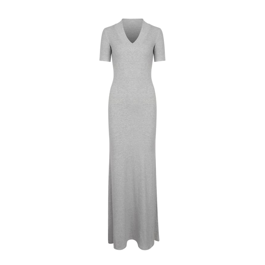 V-Neck Elbow-Sleeve Ribbed Plain Sheath Maxi Dress