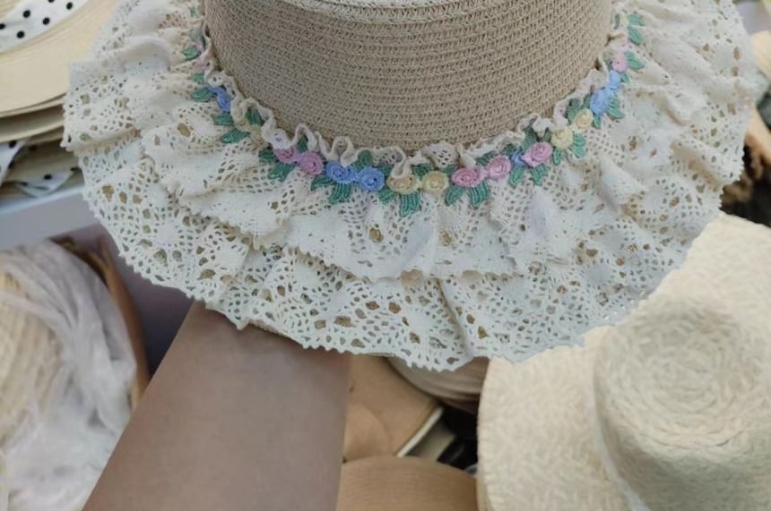 Floral Hat Lace Trim Straw