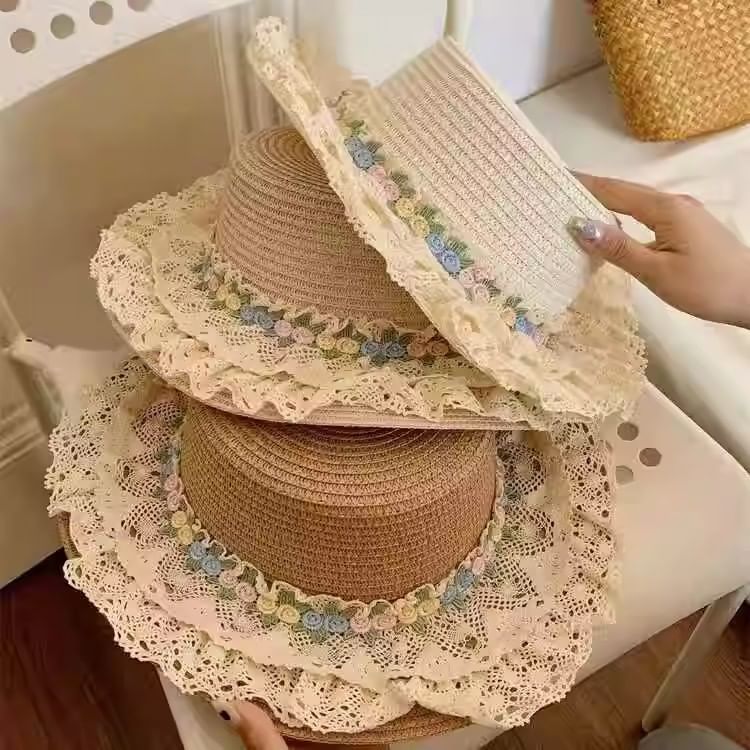 Floral Hat Lace Trim Straw