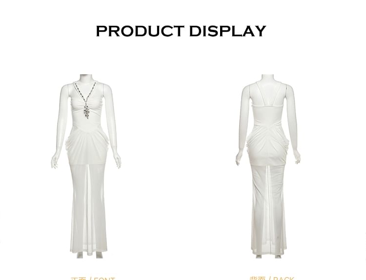 Halter Neck Lace Panel Rhinestone Accent Ruched Mesh Mermaid Maxi Dress