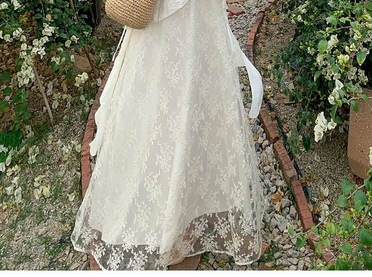 V-Neck Lace Maxi A-Line Dress with Spaghetti Straps
