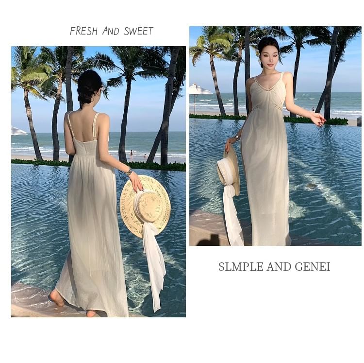 V-Neck Plain Sheath Maxi Dress with Spaghetti Straps