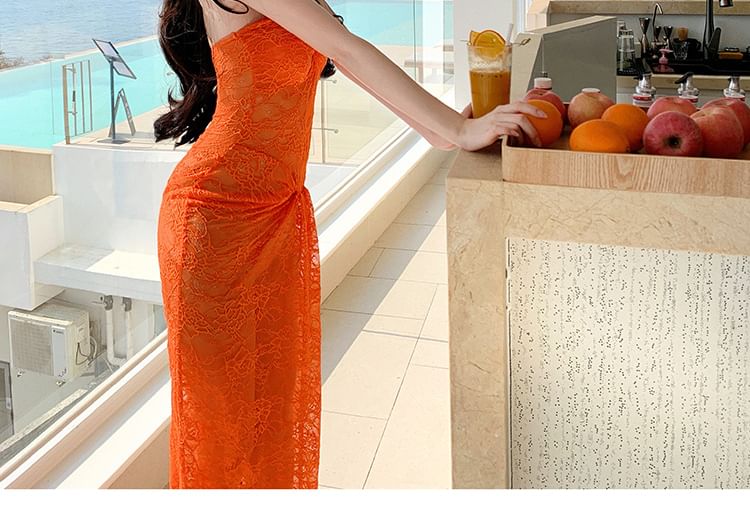 Strapless Lace Sheath Maxi Dress