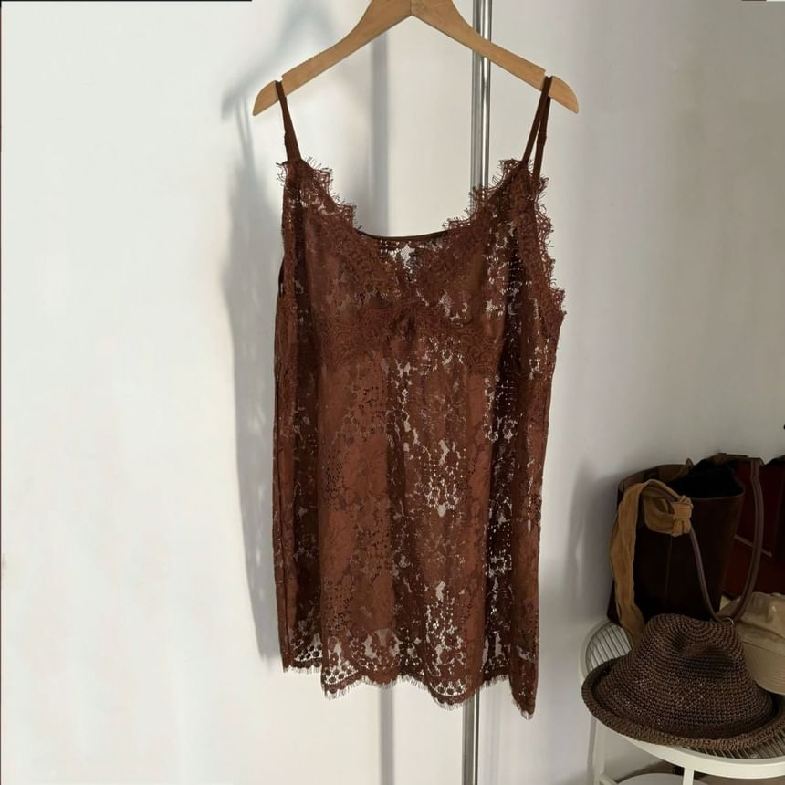 Cami Spaghetti Top V-Neck Strap Plain Lace