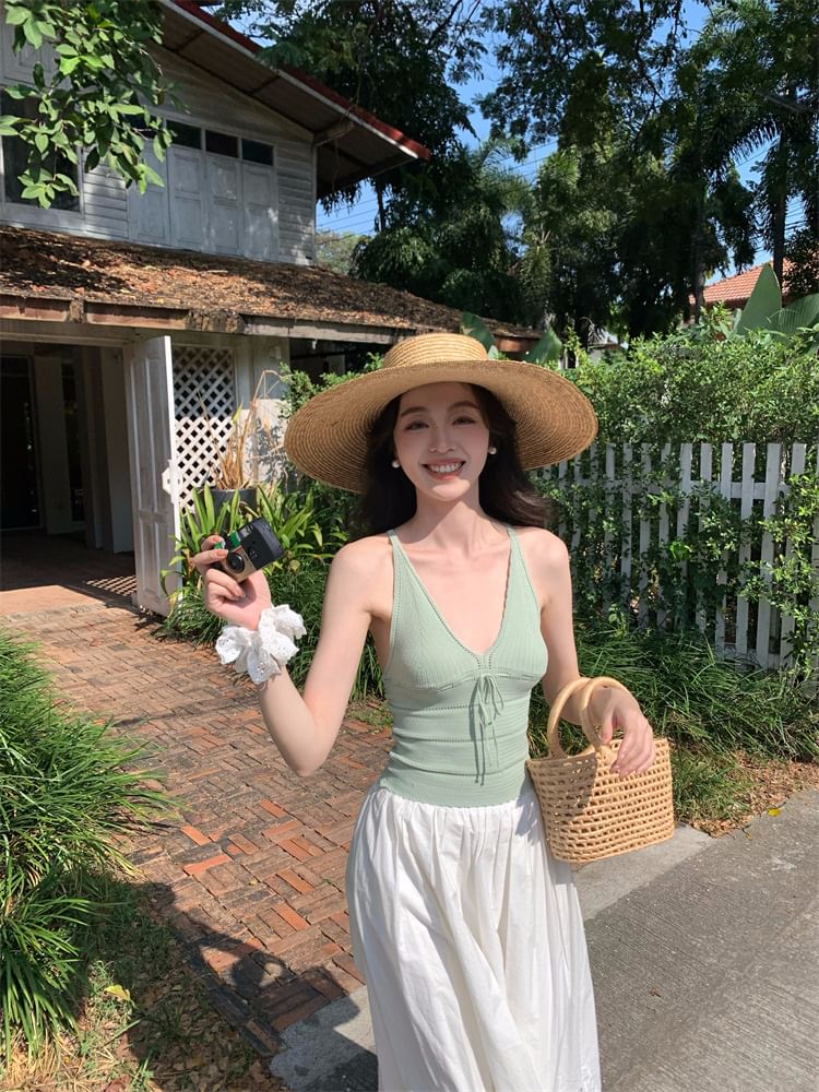 V-Neck Top Tie Plain Spaghetti Camisole Neck Strap