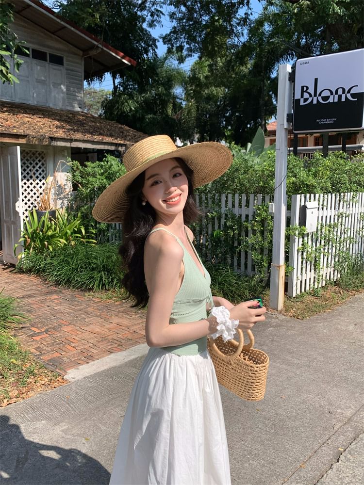 V-Neck Top Tie Plain Spaghetti Camisole Neck Strap