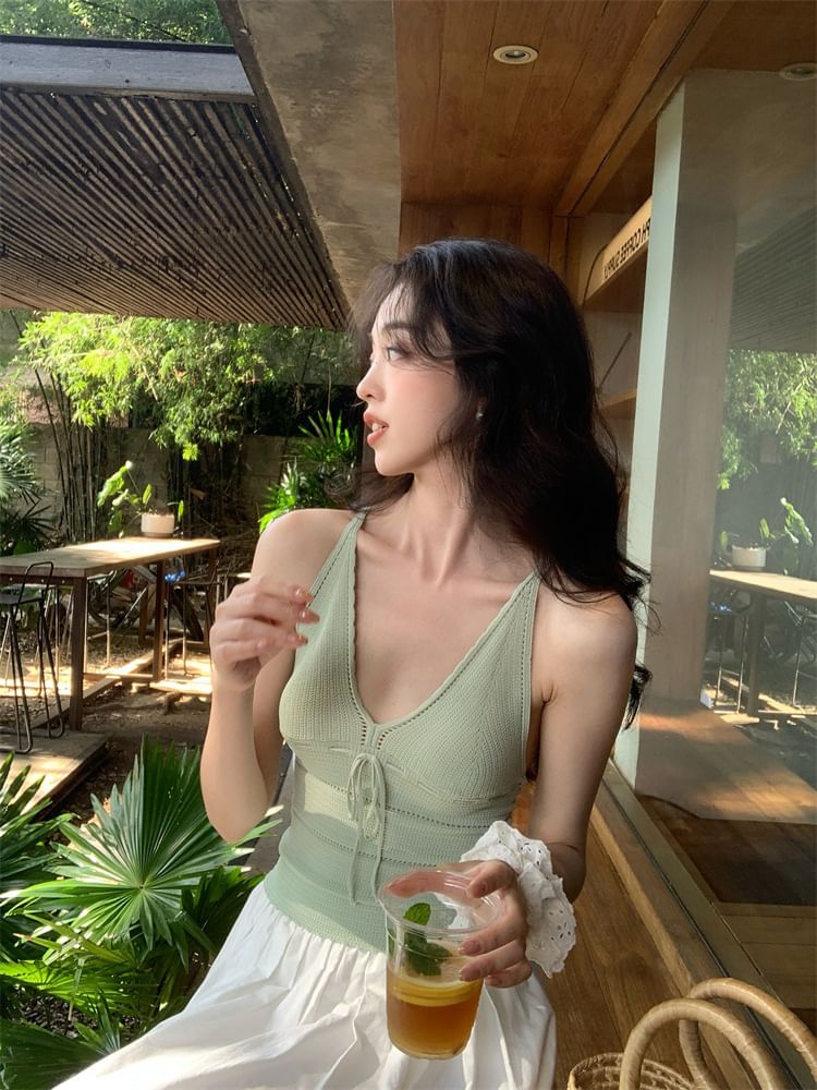 V-Neck Top Tie Plain Spaghetti Camisole Neck Strap