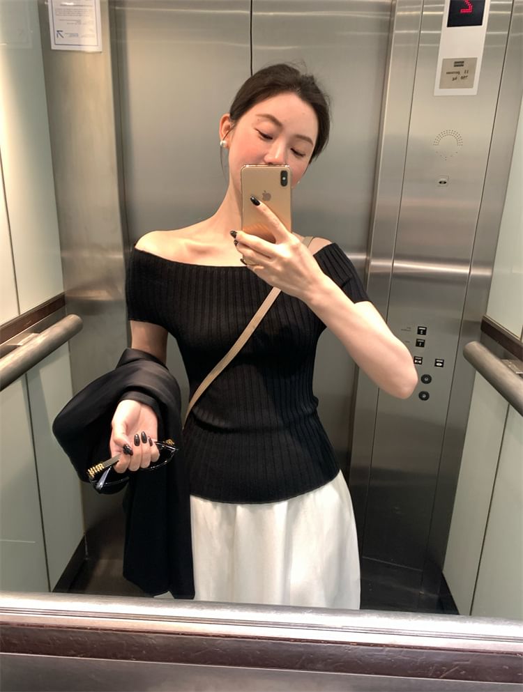 Shoulder Knit Short-Sleeve Off Ribbed Plain Top