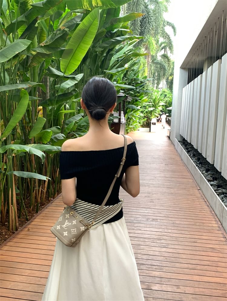 Shoulder Knit Short-Sleeve Off Ribbed Plain Top