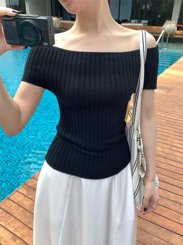 Shoulder Knit Short-Sleeve Off Ribbed Plain Top