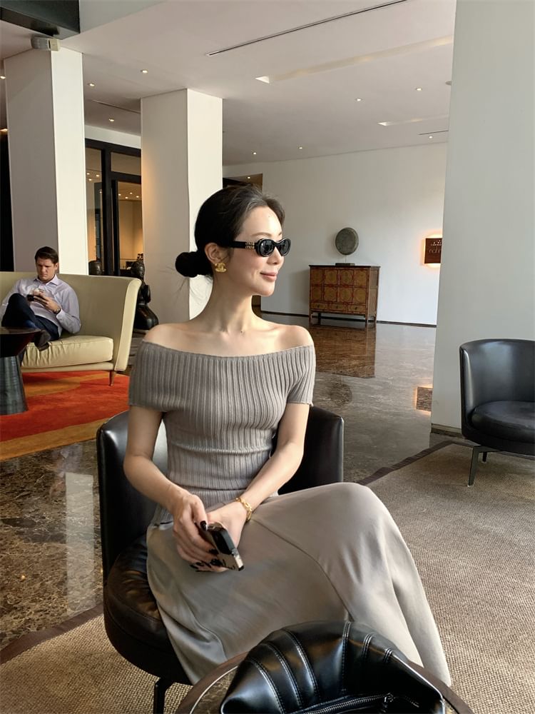 Shoulder Knit Short-Sleeve Off Ribbed Plain Top