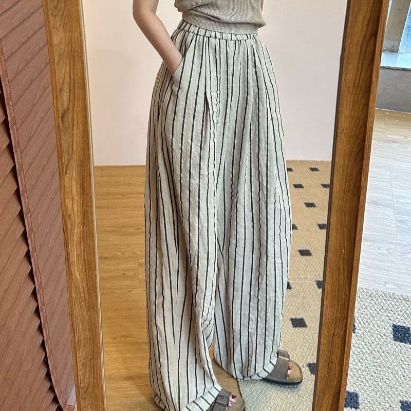 Pants High Striped Wide Leg Plain Waist