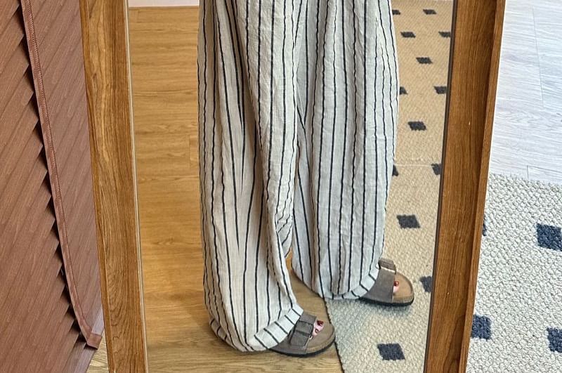 Striped Waist High Plain Pants Wide Leg