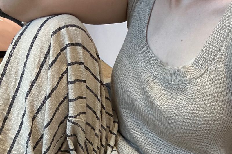 Striped Waist High Plain Pants Wide Leg