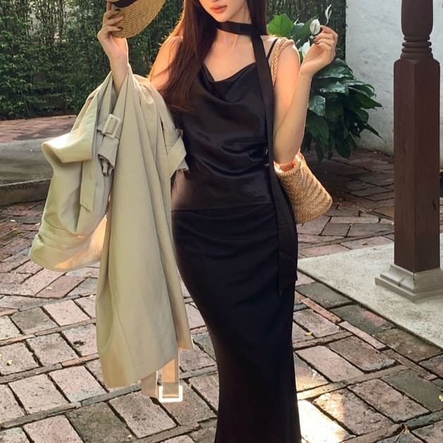 Cowl Spaghetti Plain Camisole Top Strap Neck