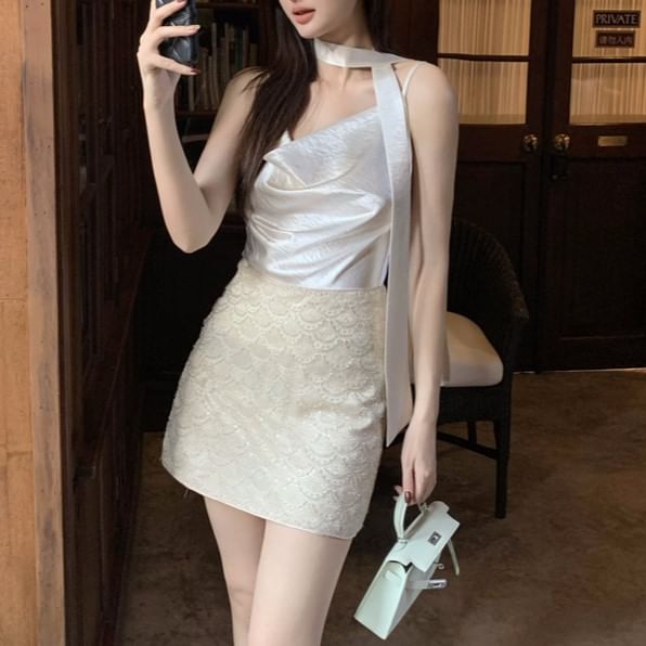 Cowl Spaghetti Plain Camisole Top Strap Neck