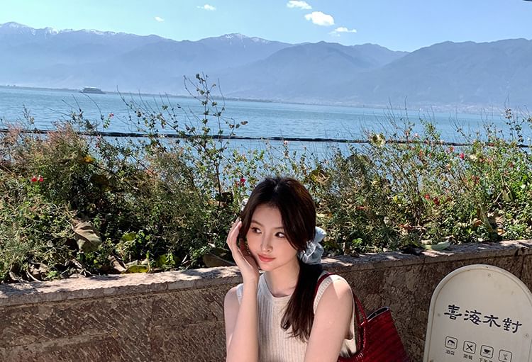 Crew Sleeveless Plain Top Neck Knit Ribbed