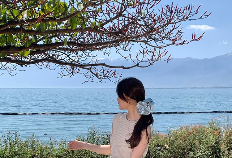 Neck Top Sleeveless Plain Knit Ribbed Crew