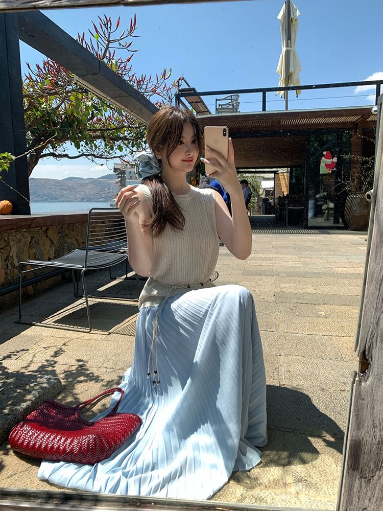 Neck Top Sleeveless Plain Knit Ribbed Crew