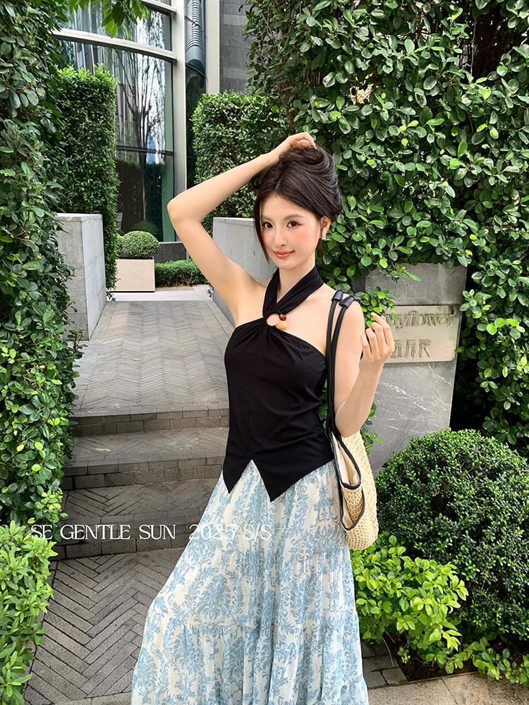 Neck Top Crop Plain Slit Halter Camisole