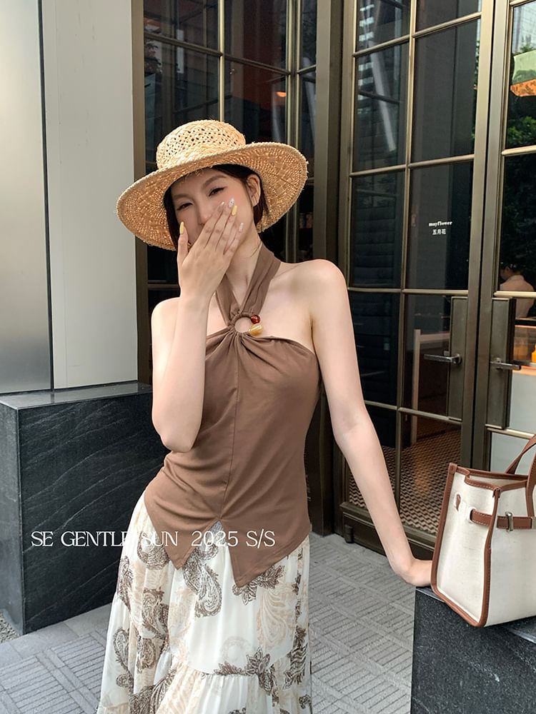 Neck Top Crop Plain Slit Halter Camisole