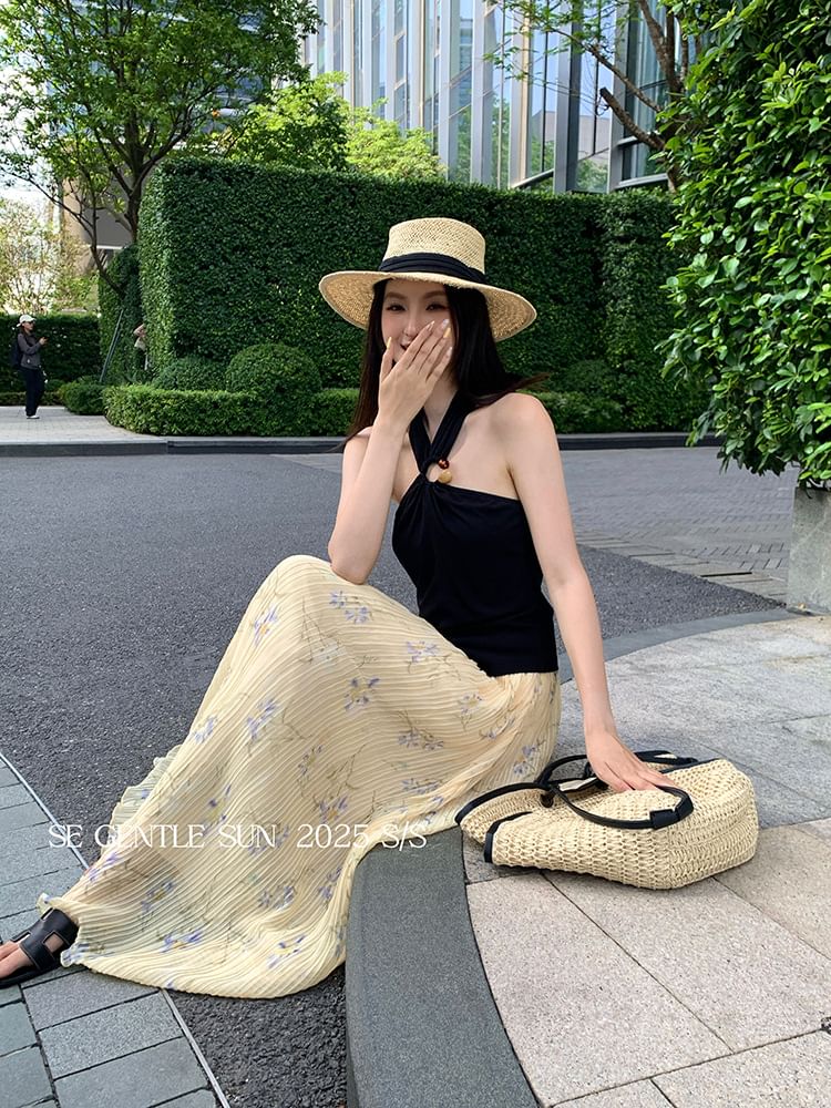 Neck Top Crop Plain Slit Halter Camisole