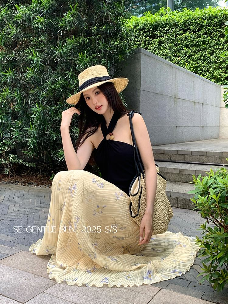 Neck Top Crop Plain Slit Halter Camisole