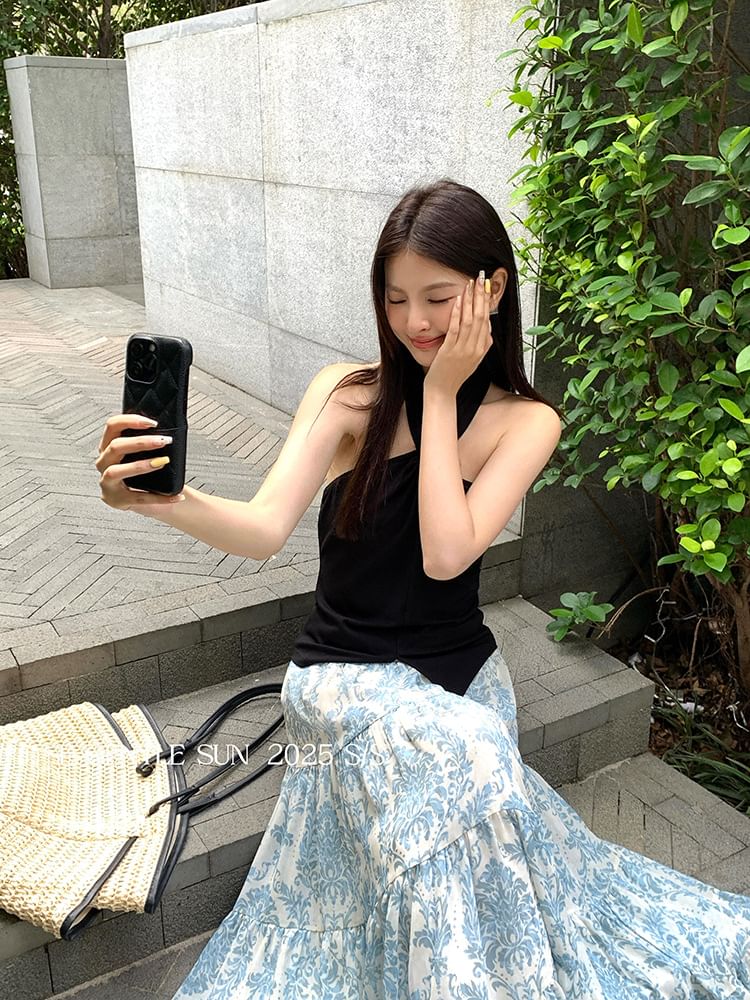 Neck Top Crop Plain Slit Halter Camisole