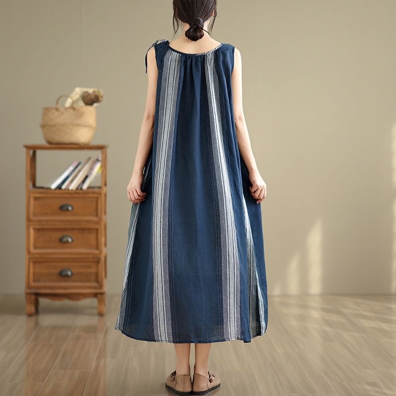 Crewneck Striped Sleeveless A-Line Maxi Dress