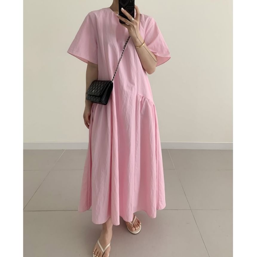 Short-Sleeve Crewneck Plain A-Line Maxi Dress