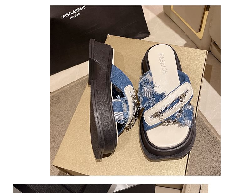 Detail Chunky Cross Platform Strap Zipped Slide Sandals Chain Heel