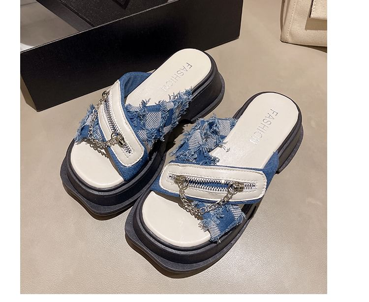 Detail Chunky Cross Platform Strap Zipped Slide Sandals Chain Heel