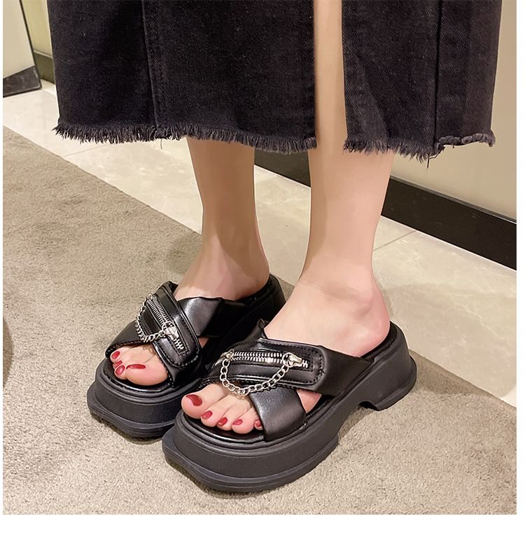 Detail Chunky Cross Platform Strap Zipped Slide Sandals Chain Heel