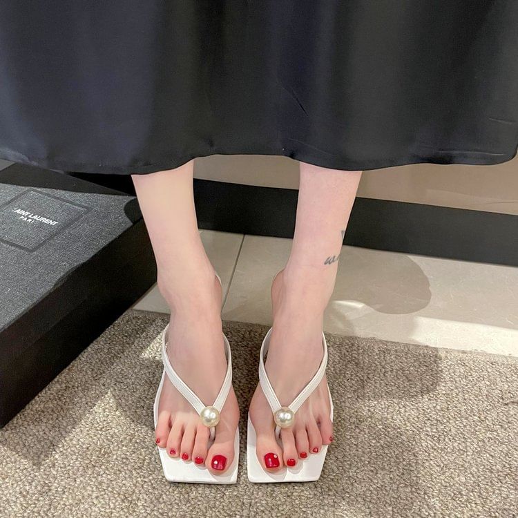 Flip-Flops Kitten Heel Faux Pearl