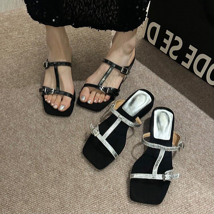 Strappy Chunky Sandals Slide Heel